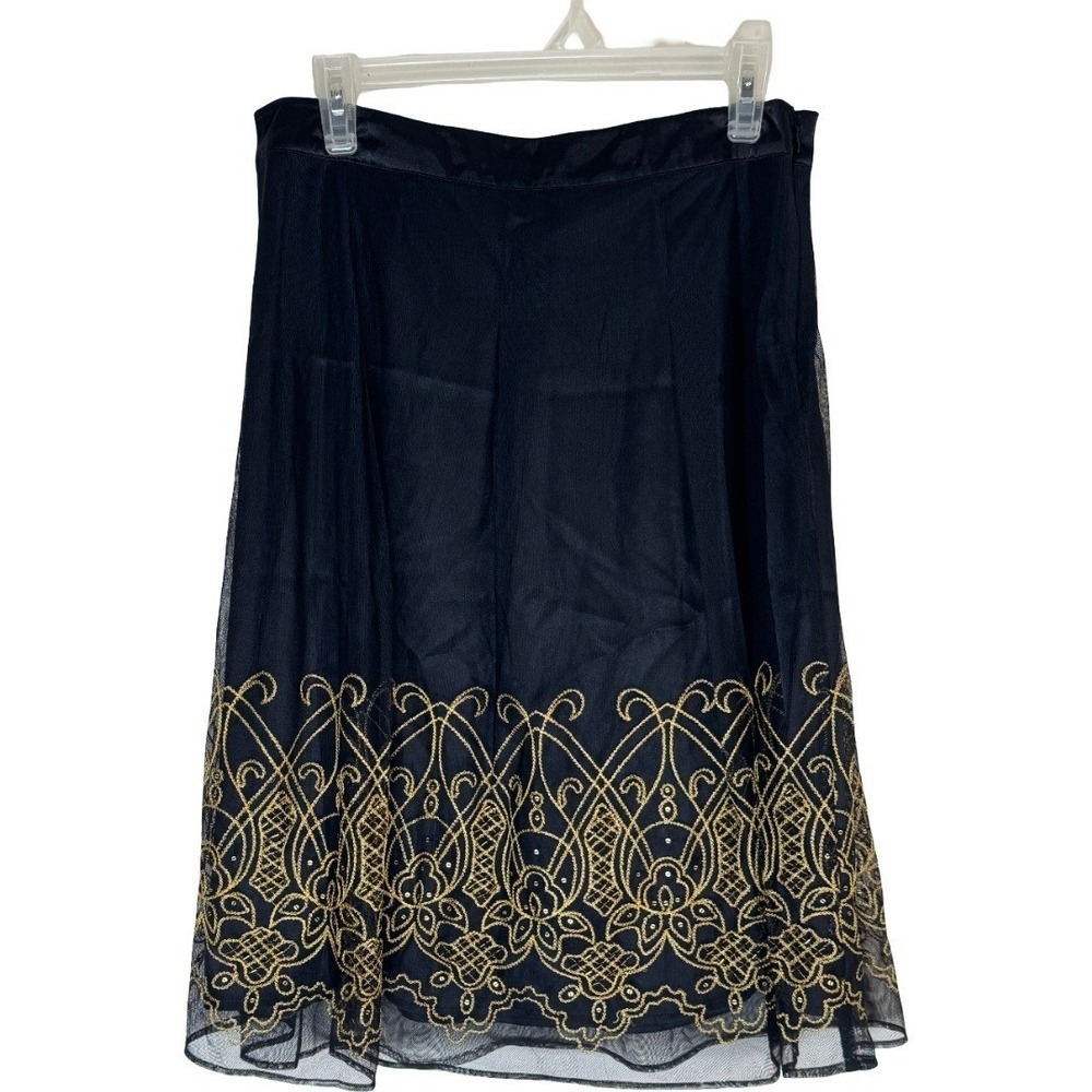 Apostrophe Skirt Womens Size 8 Black Gold Embroidered Mesh Overlay A-Line Knee